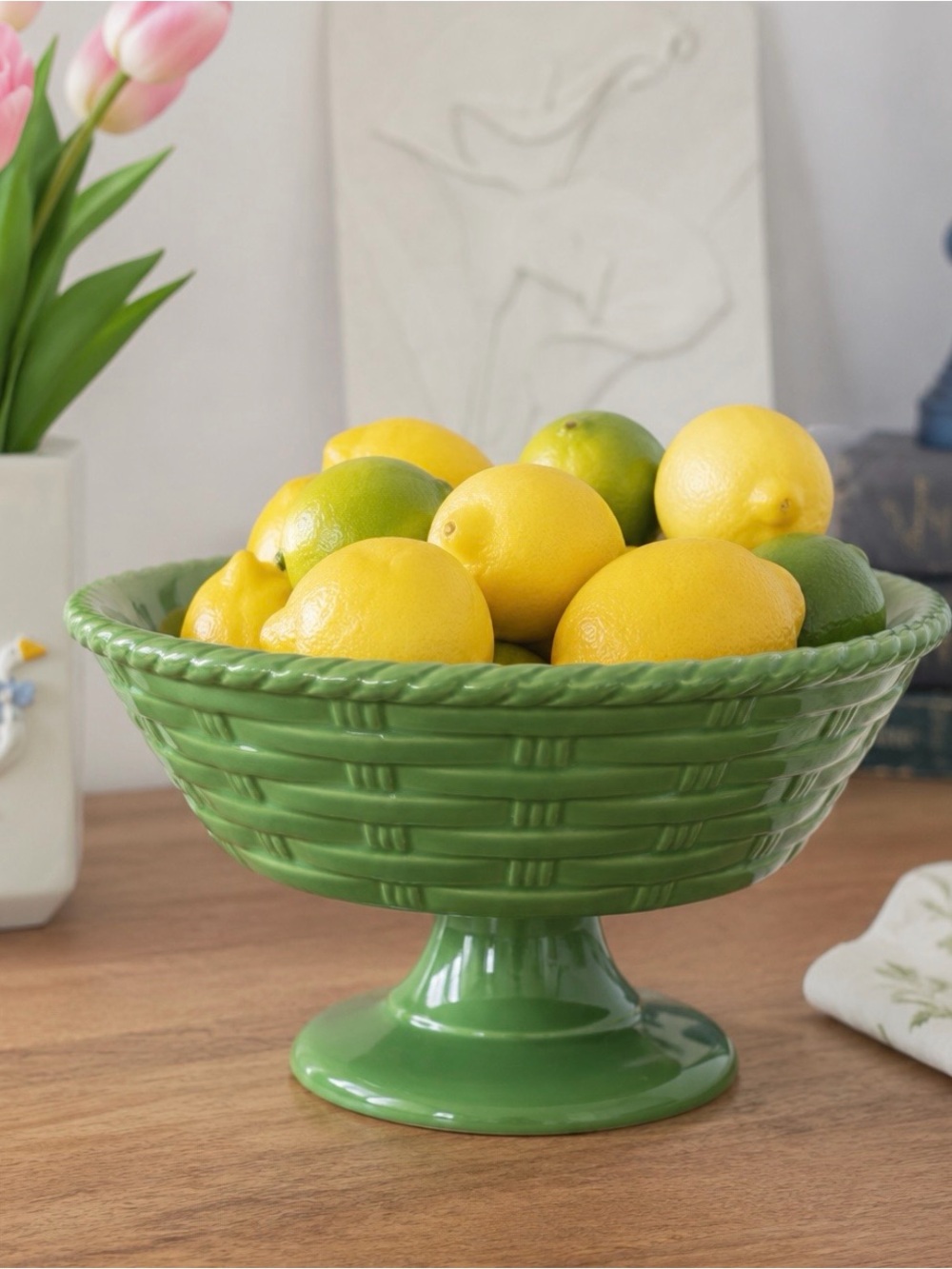 Green Ceramic Pedestal Fruit Bowl – Basket Weave Kitchen Decor